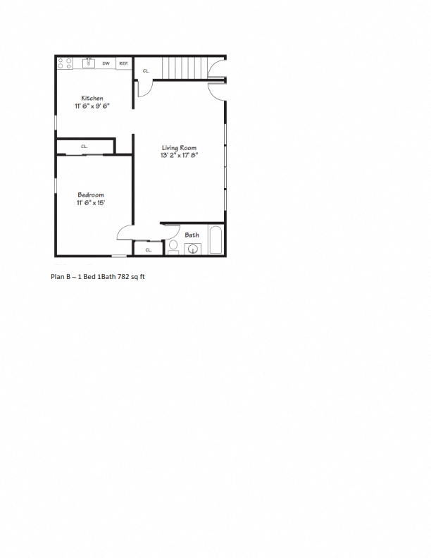 Floor plan for 1 bed, 1 bath, 687 sqft